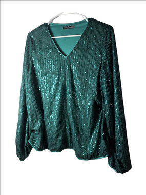Emerald Sequin V-Neck Blouse by Emery Rose Large Like New Sequin Long Sleeve